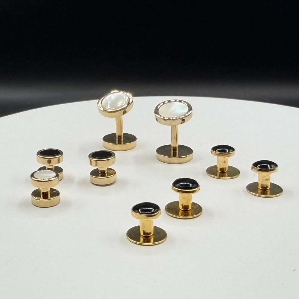 Gold Tone Tuxedo Stud Cufflink Set Black Mother of Pearl Formal Dress Shirt